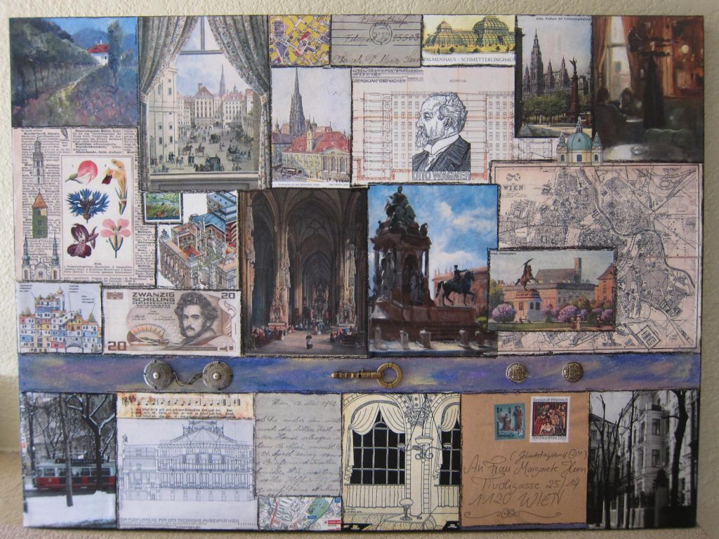 A canvas with collaged images of Vienna