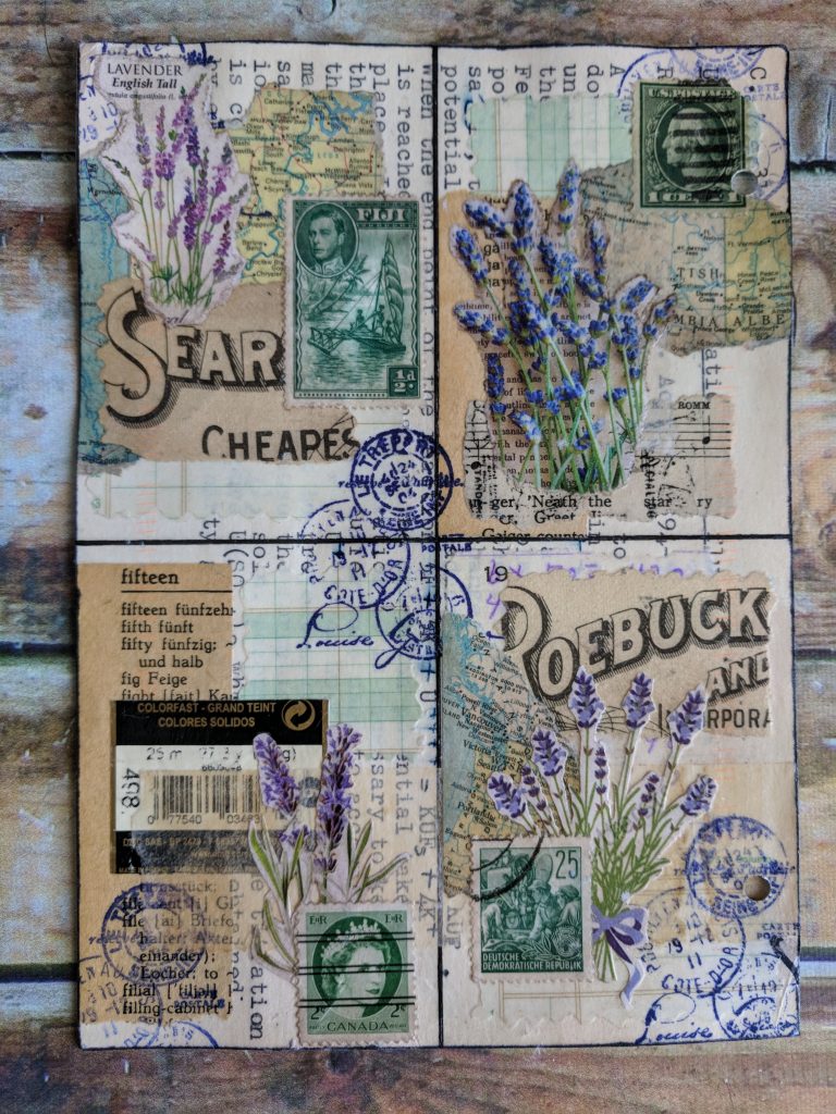 herb images, postage stamps and book pages spread over 4 connected ATCs