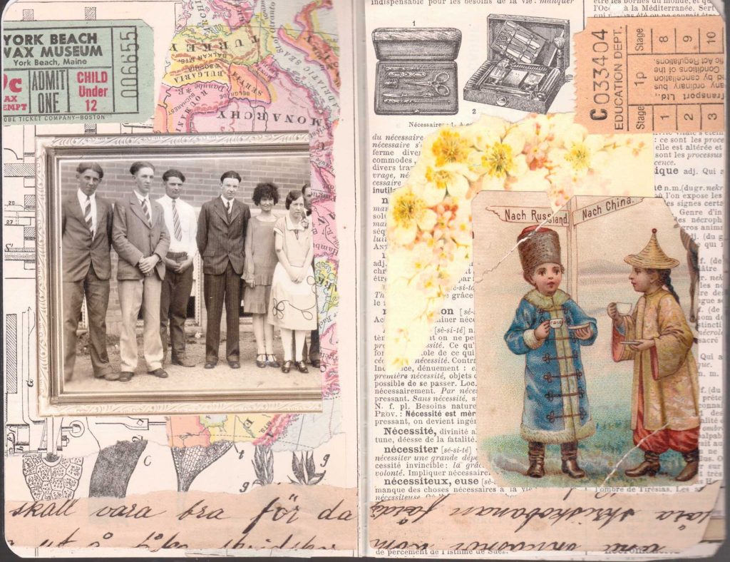 A spread of two pages collaged with vintage papers