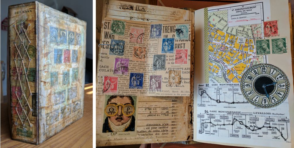 A handmade junk journal with a collage 