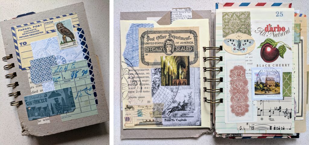 a notebook gluebook with a collaged spread