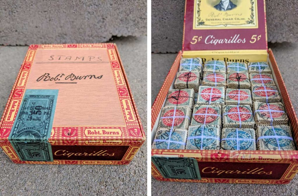 stamp bundles in a cigar box