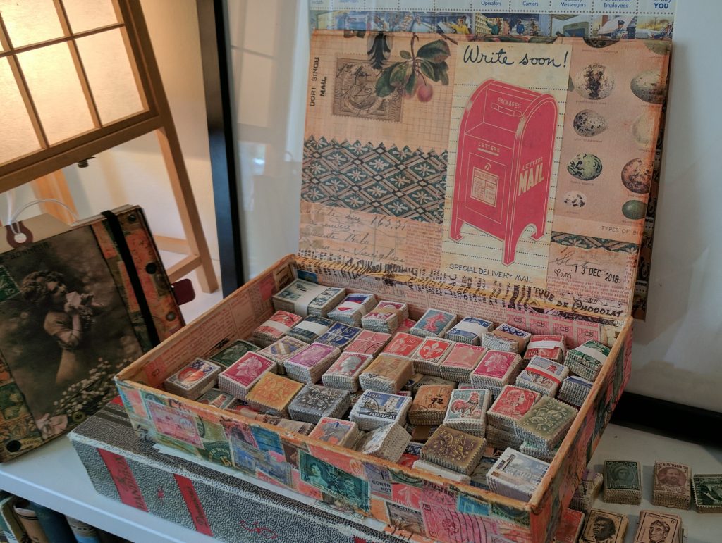 a decorated box of stamp bundles