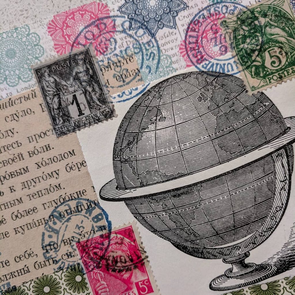 A collage made with pen-ink illustration, text, and postage stamps