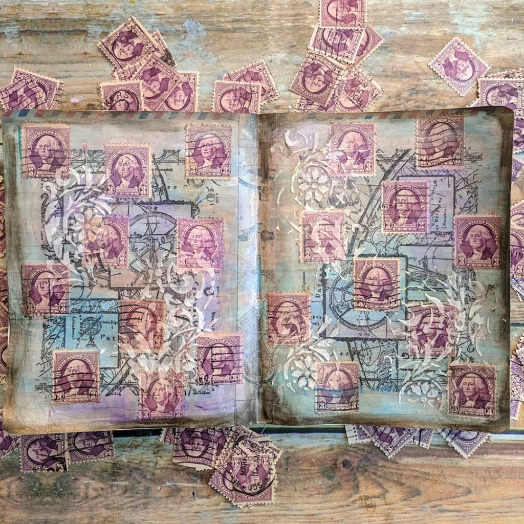 two pages of postage stamp art with a set of purple Washington stamps