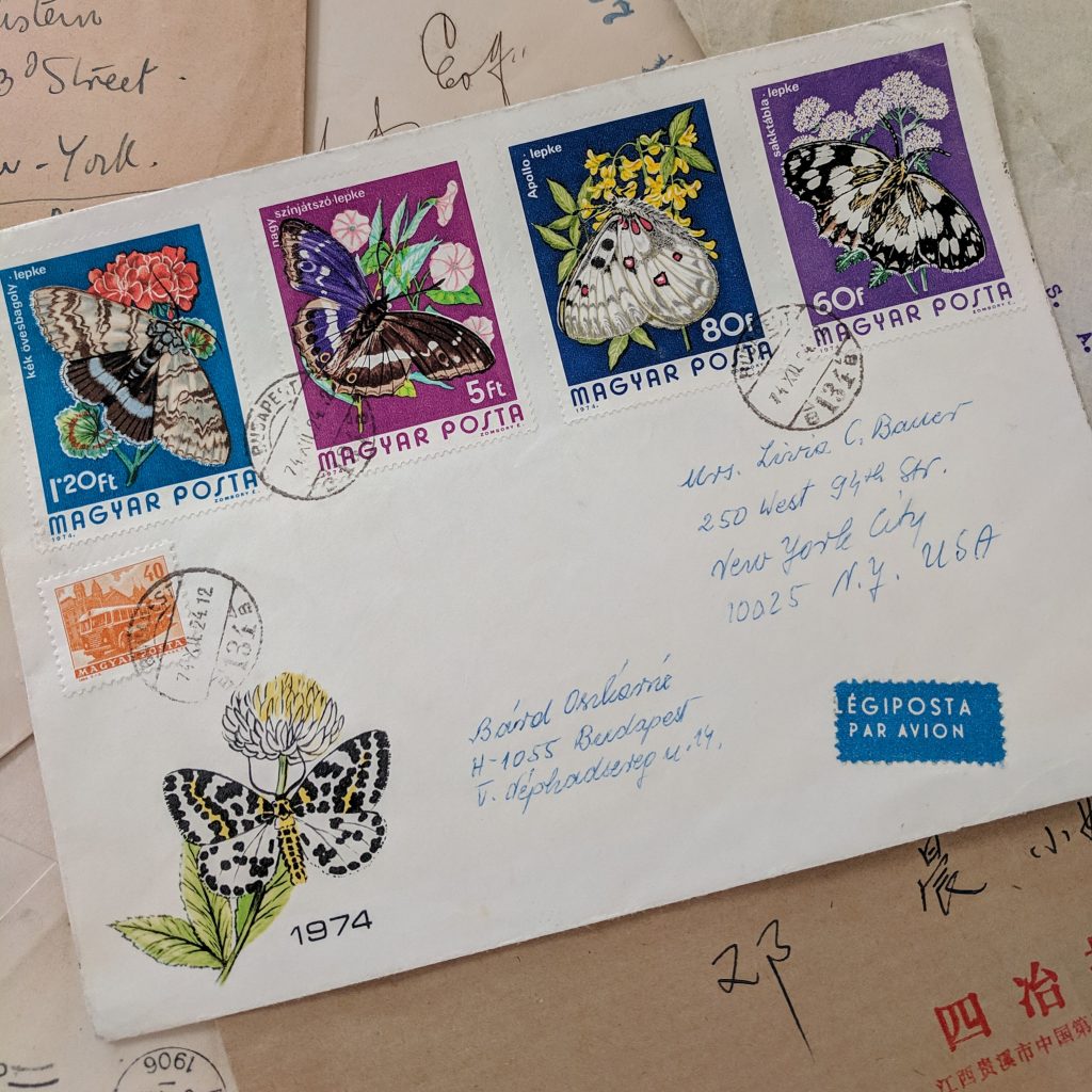 An envelope decorated with large insect stamps from Hungary