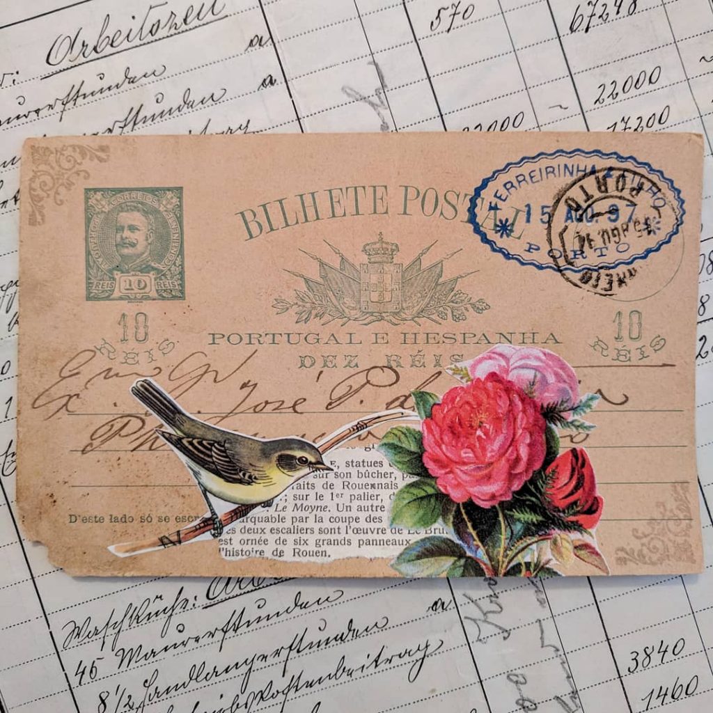 A vintage postcard from Portugal that has a small collage strategically centered in the middle to preserve the handwriting