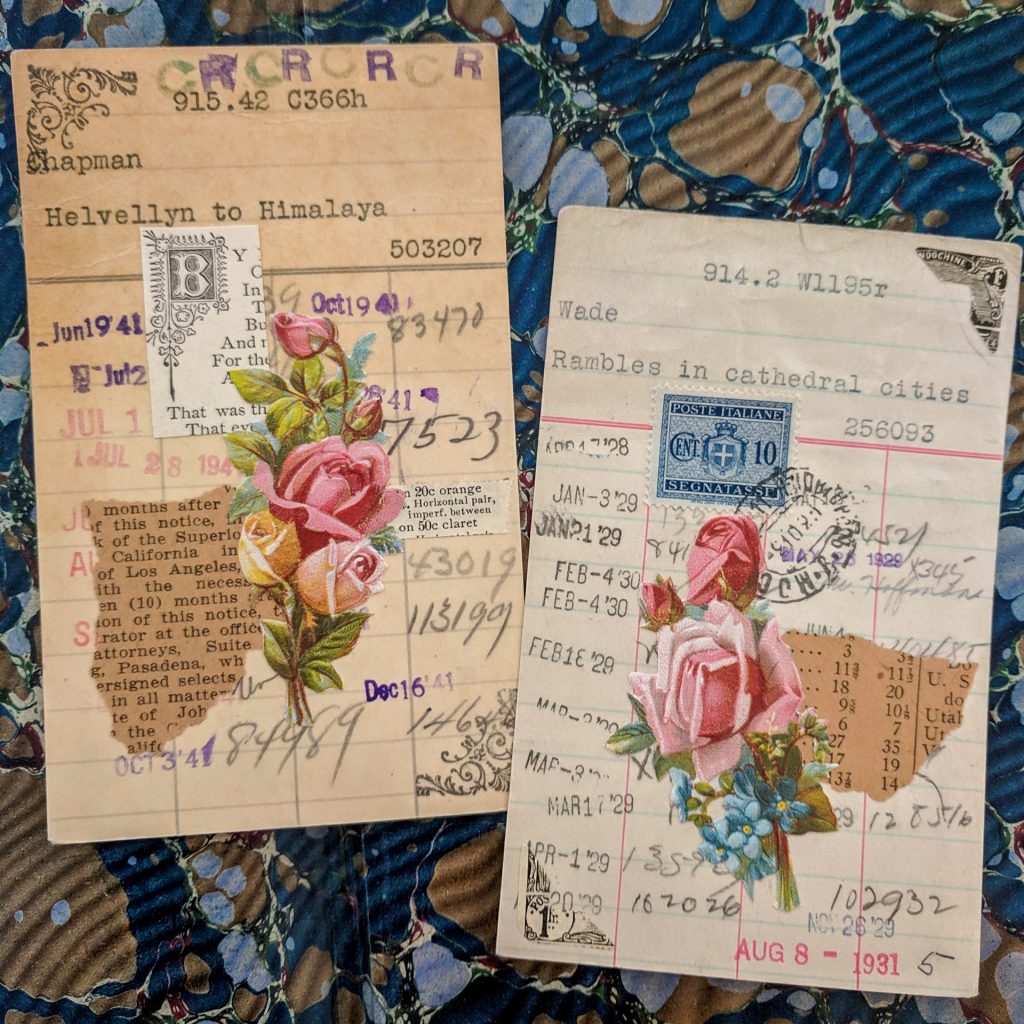 Old library borrower's cards that have been collaged on top with vintage papers