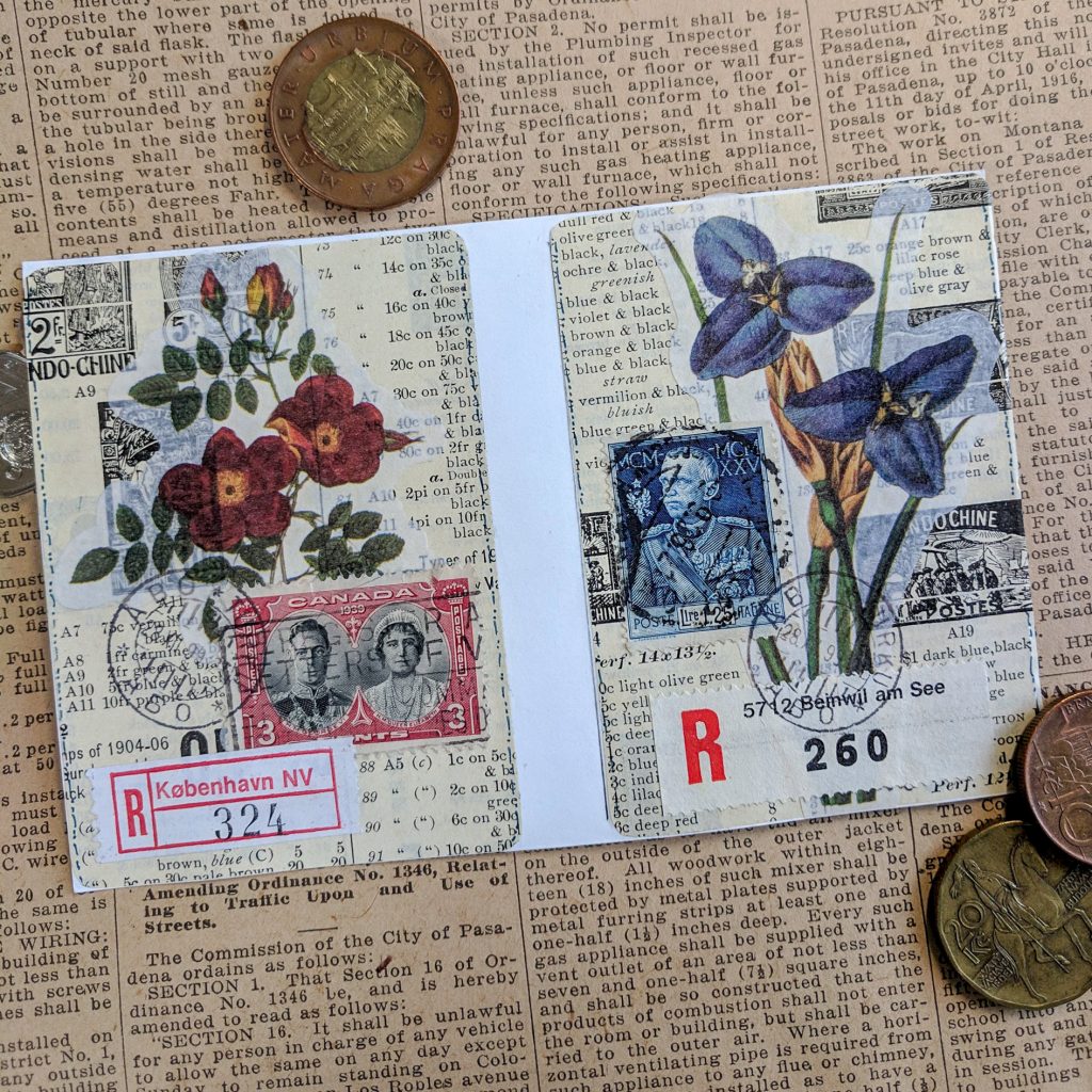 two ATCs created with flower illustrations, postage stamps, and registered mail stickers.