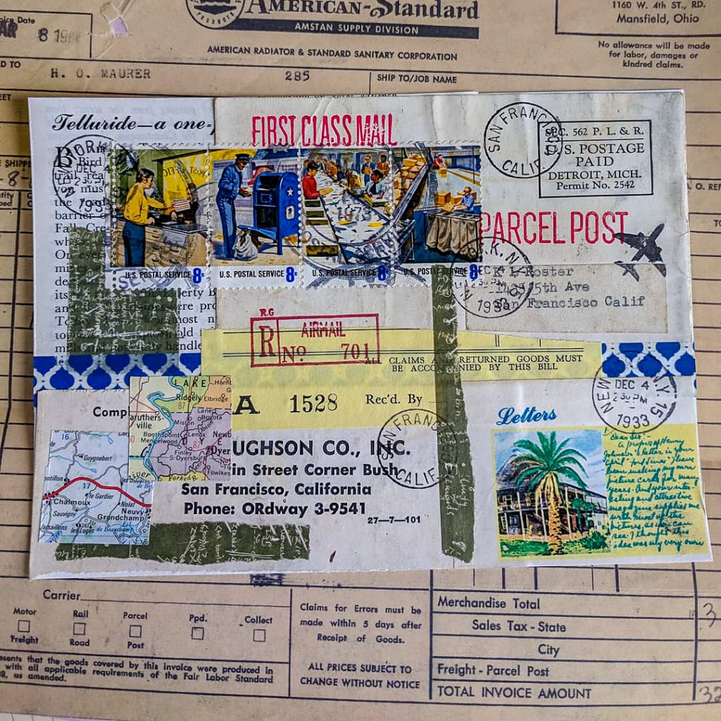 A collage made up of mid-century papers including a set of vintage postage stamps about postal workers