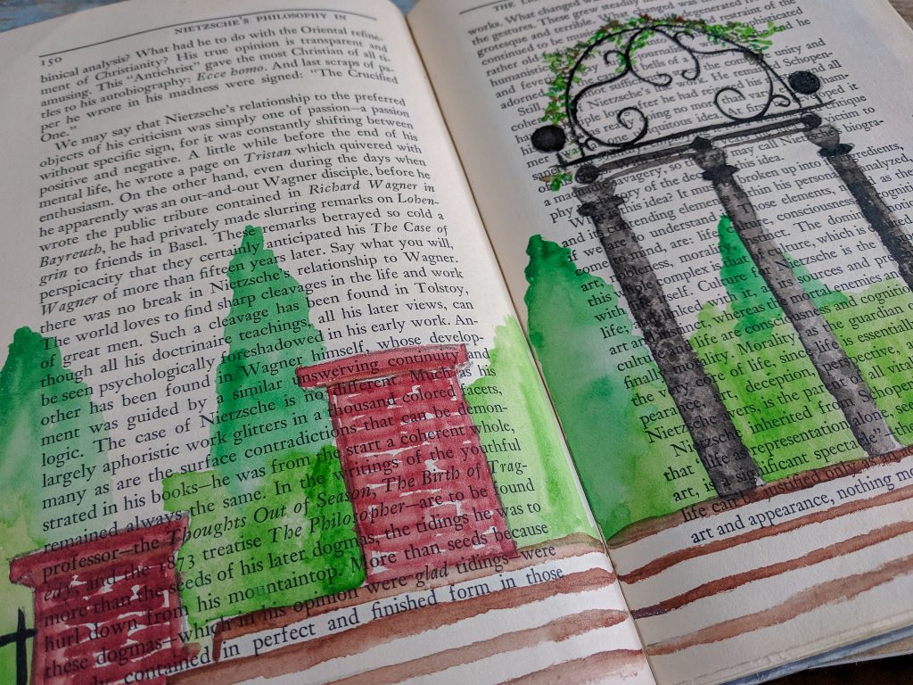 A watercolor painting of a garden done in the pages of a book