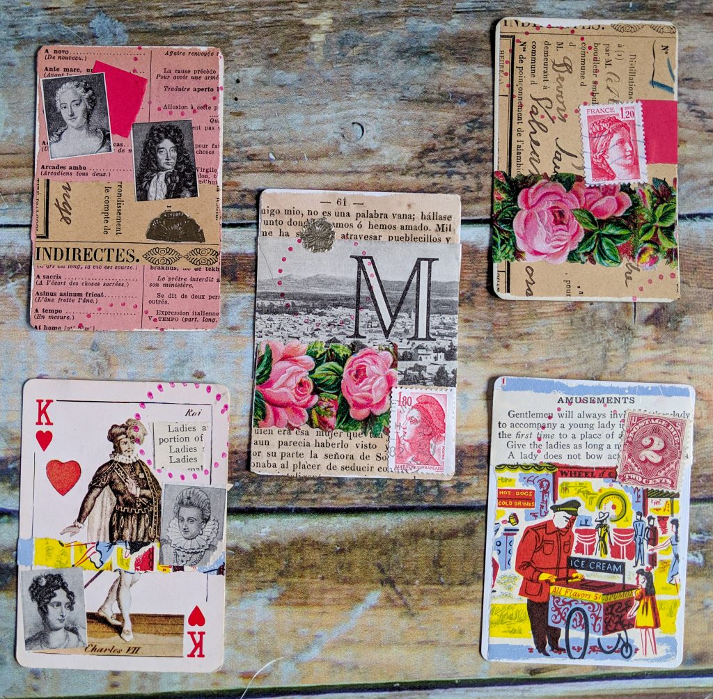 5 ATCs done in a vintage style of collage art