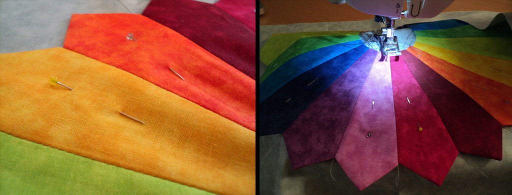 Rainbow colored petals of a dresden "quilt"