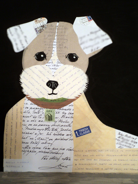 A collage of a dog made with vintage letters