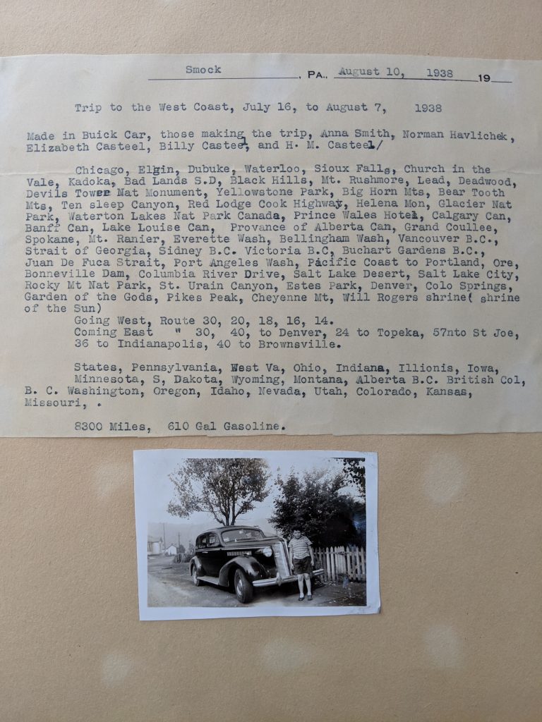 a typed page with places visited along with a photo of the Buick in 1936