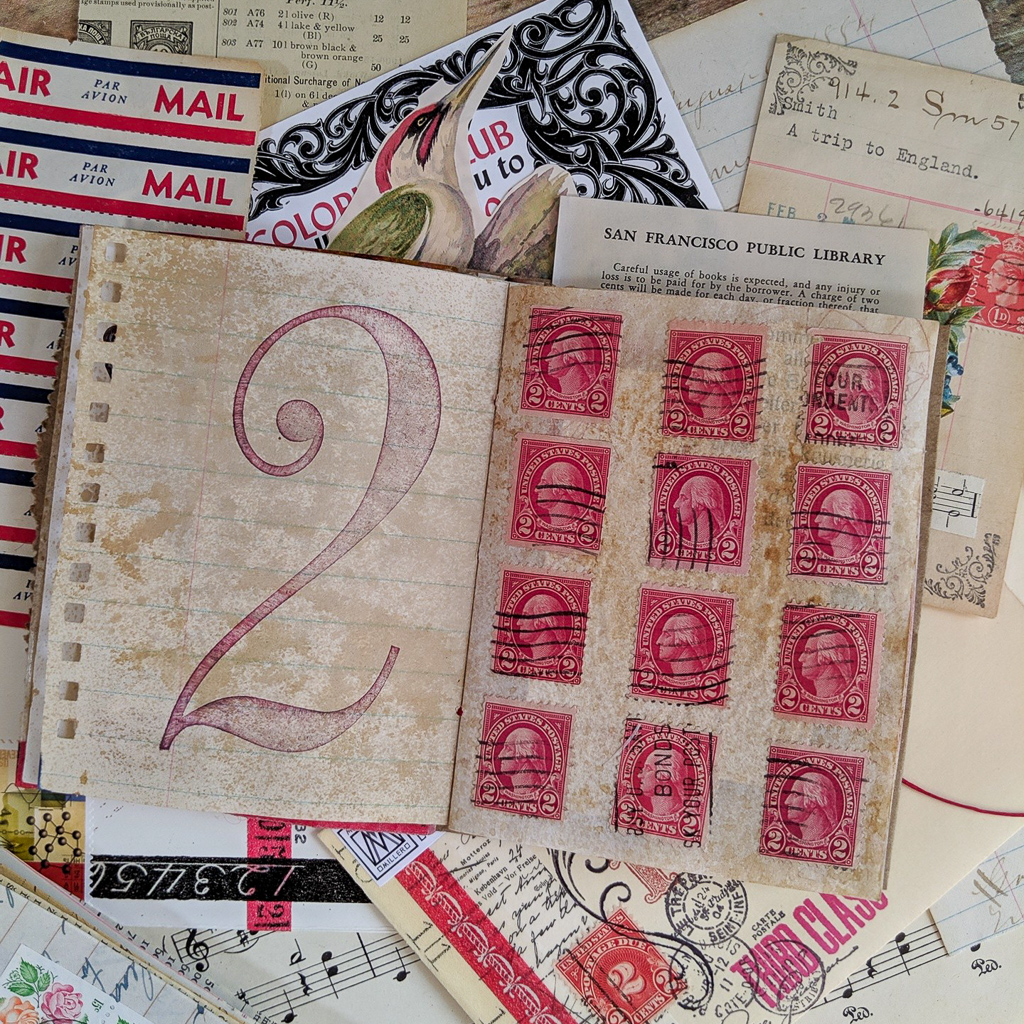 Twelve 2-cent stamps make a collage. The number 2 is rubber stamped on the left side.