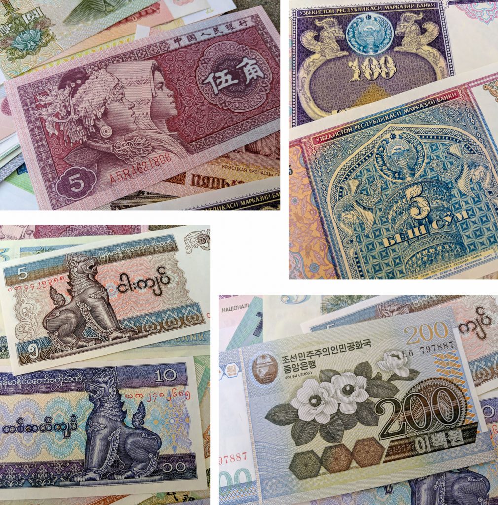 a mosaic of colorful currencies