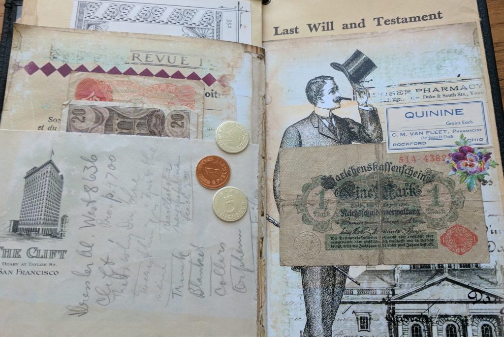 a spread of pages with collages done using vintage currency and some paper coins