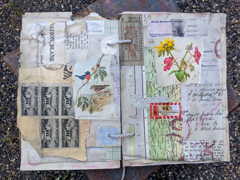 A busy spread of collaged pages