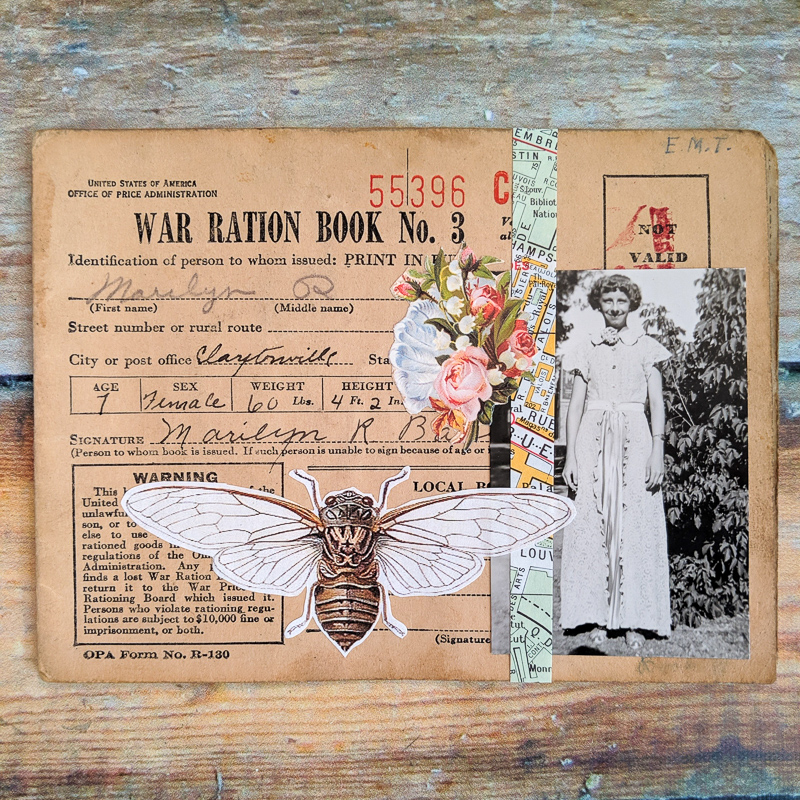 a vintage photo of a finely dressed young girl is one of the elements collaged on a vintage war ration book