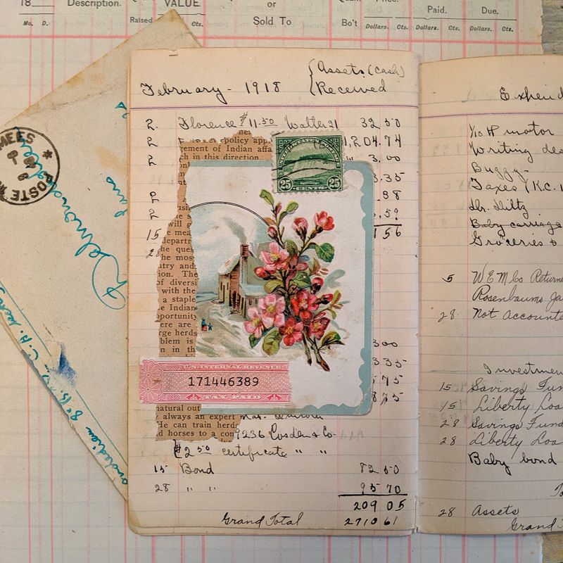 a piece of postcard and other bits of ephemera on a vintage ledger page