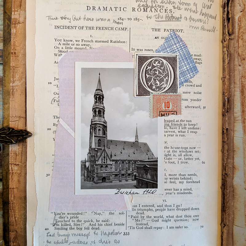 An old photo of a church is collaged with other papers on a text page of poetry