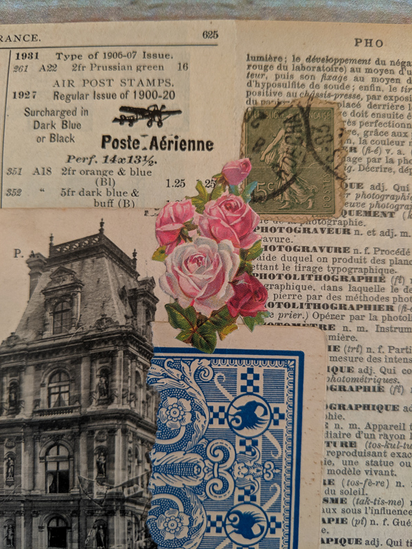French postcard and French dictionary page