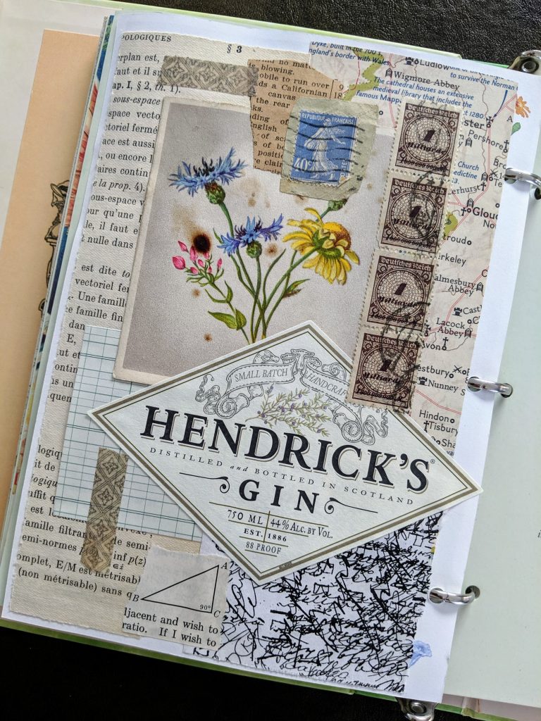 A collage with a gin label