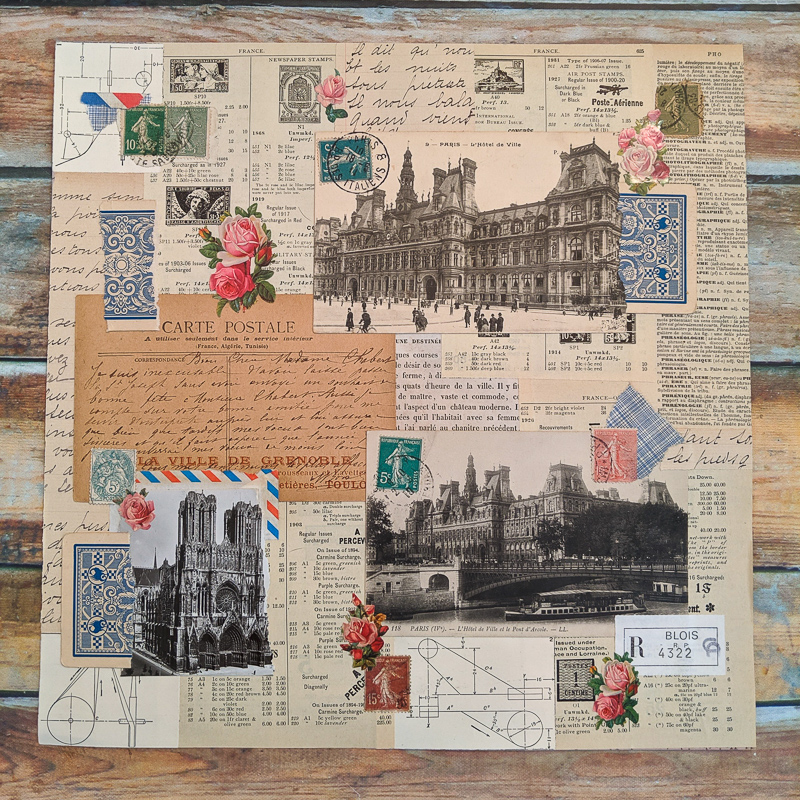 A large collage made of vintage French postcards, stamps, letters and playing cards