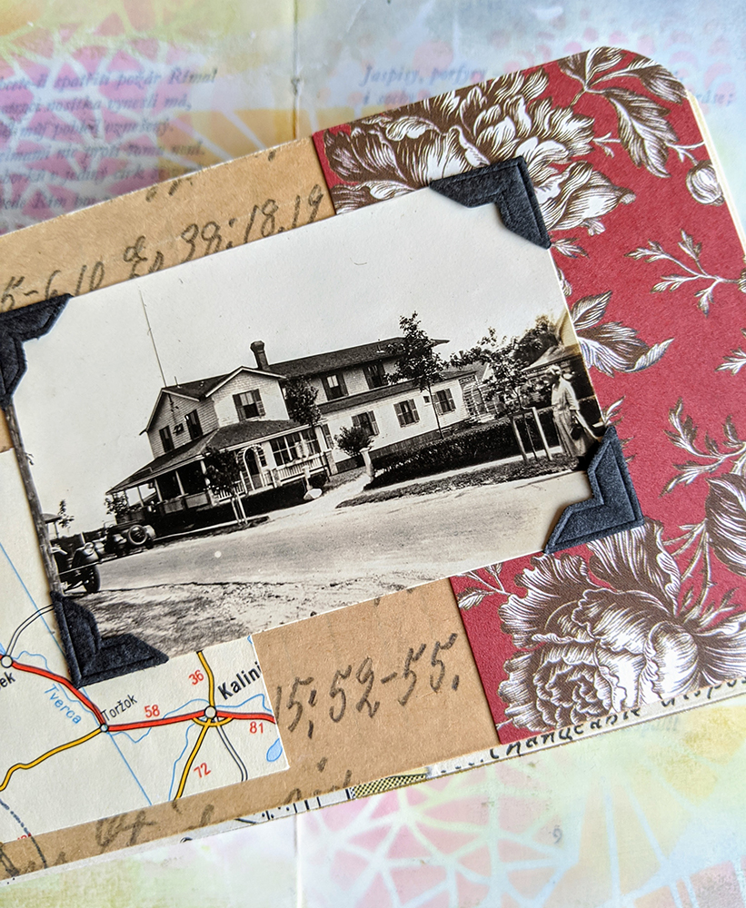 a vintage photo of a house, collaged with pattern paper and other vintage papers