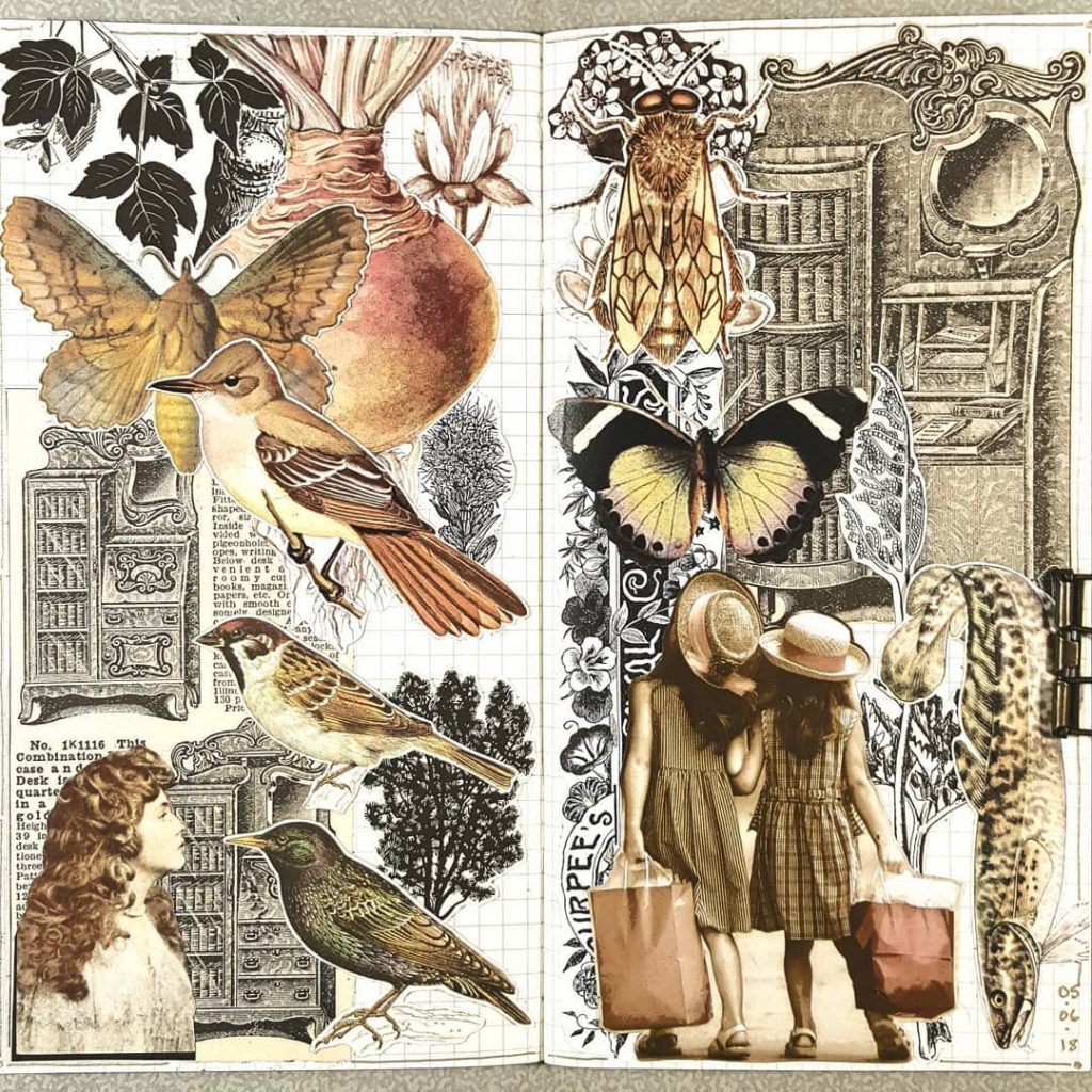 Gluebook pages of a collage done with vintage papers, by Connie Rose